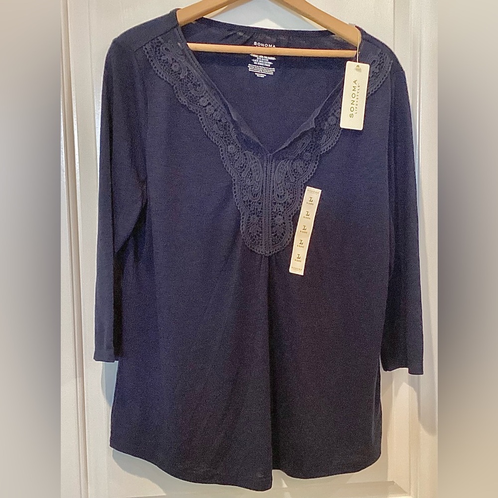 Sonoma Deep Blue V-Neck Blouse with Lace Detail